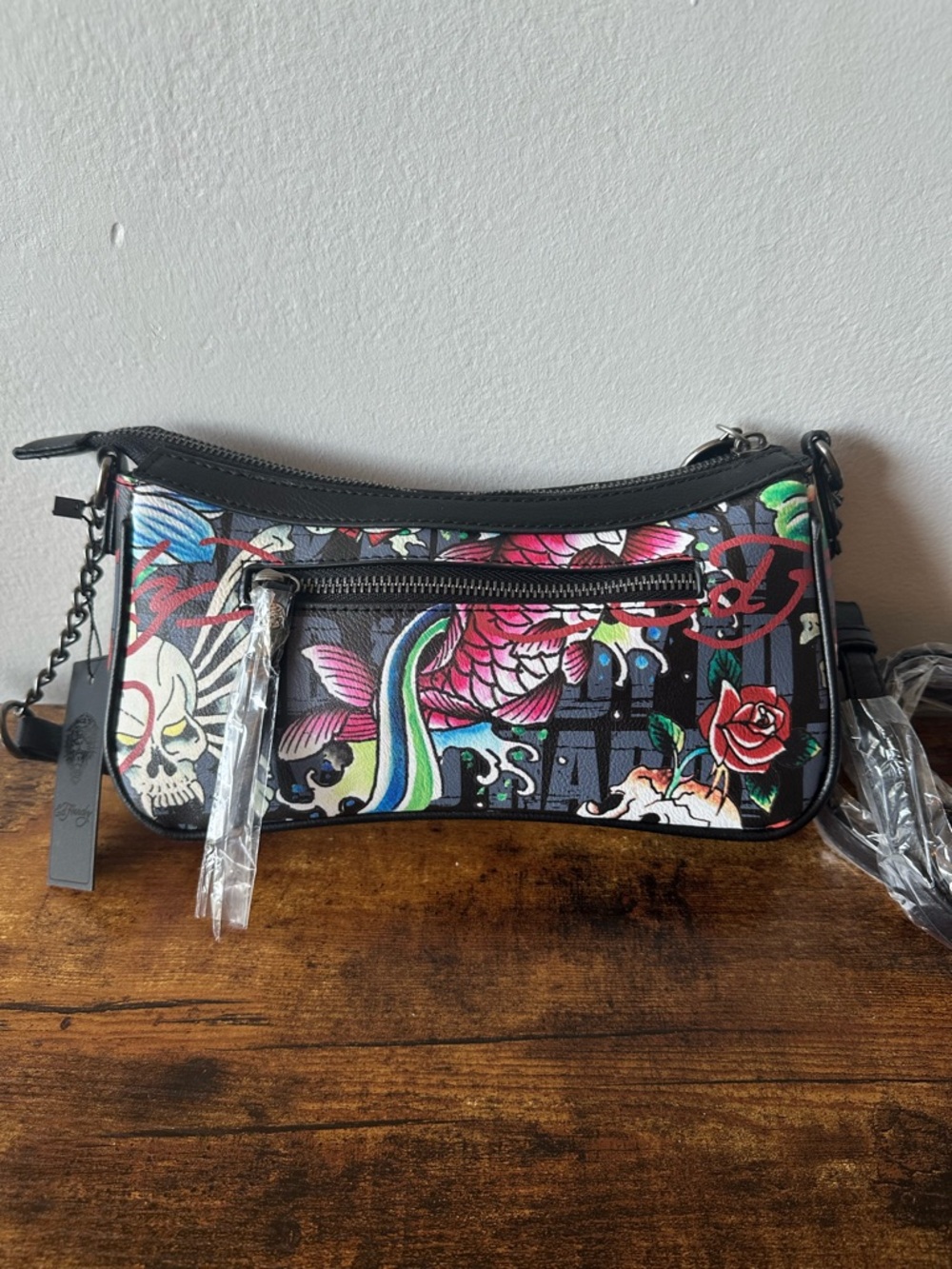 Ed Hardy Straw Shoulder / Crossbody Bag Black Trim & Multicolor Tattoo Print NWT - Picture 7 of 8